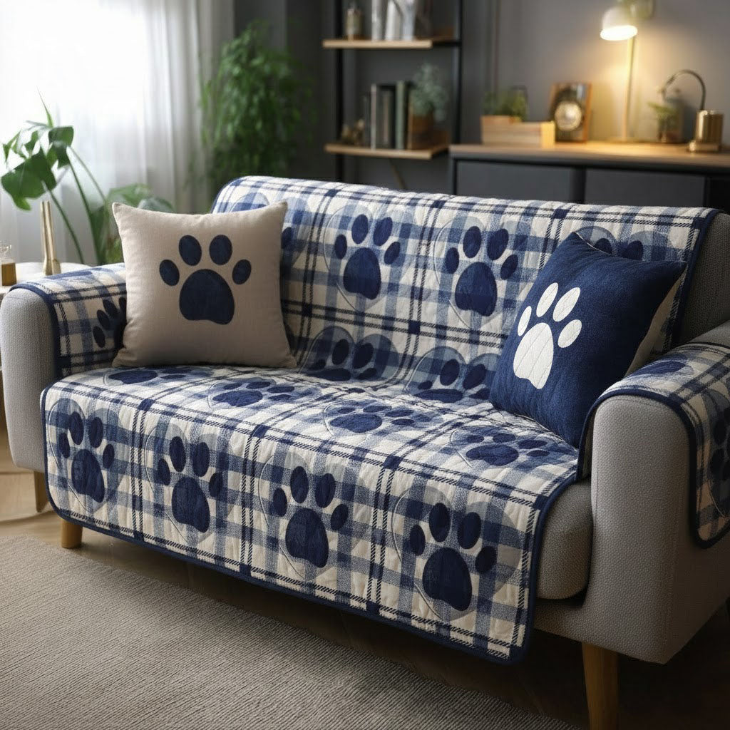 Navy Paw Plaid Quilted Couch Cover Washable Sofa Slipcover For Cats Mother’s Day Gift Ideas – Trendwearapparel