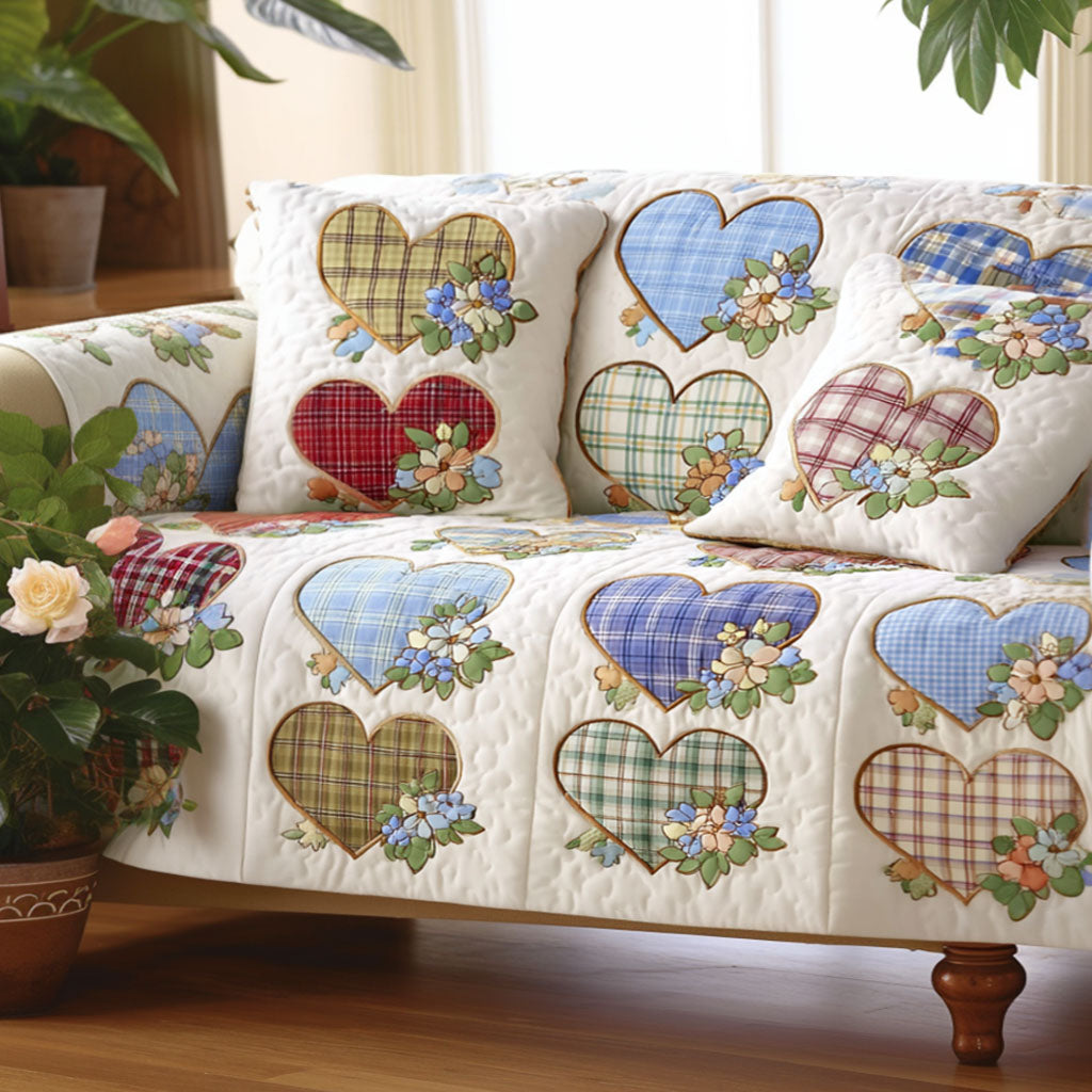 Patchwork Hearts Quilted Couch Cover Washable Sofa Dog Protector Granny Mothers Day Gift – Trendwearapparel